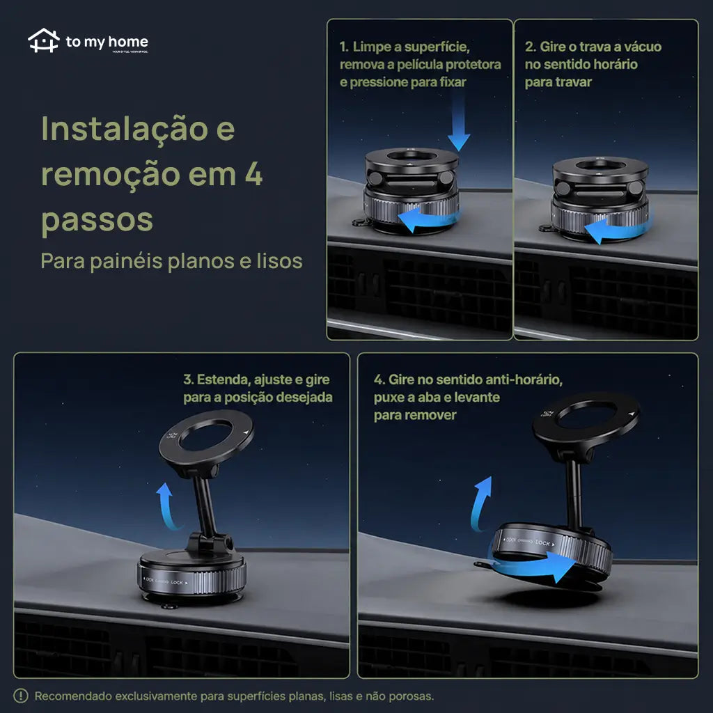 Suporte magnético para celular com ventosa a vácuo, rotação 360° e uso dobrável no carro, espelho ou academia