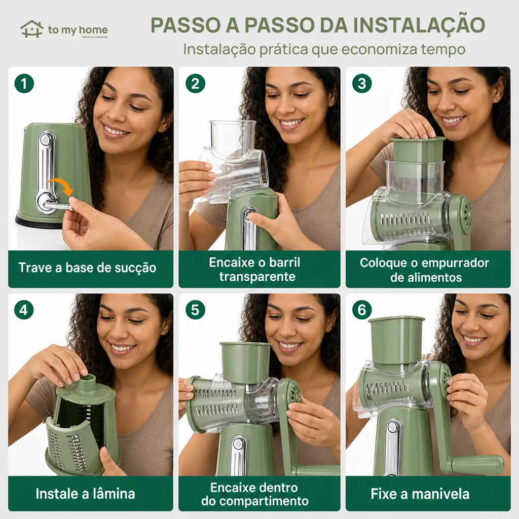 Ralador de queijo rotativo com 5 lâminas inox e base de sucção para fatiar legumes, frutas e chocolate com segurança na cozinha