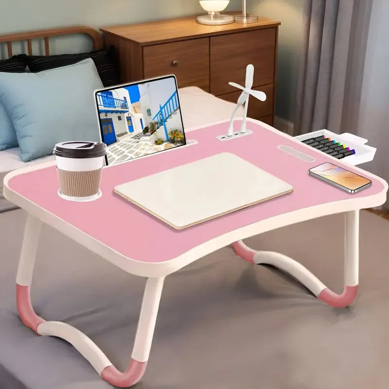 Mesa Portátil e Dobrável para Laptop com 4 Portas USB, Gaveta de Armazenamento e Suporte para Copos no Sofá ou Cama conforto produtivo
