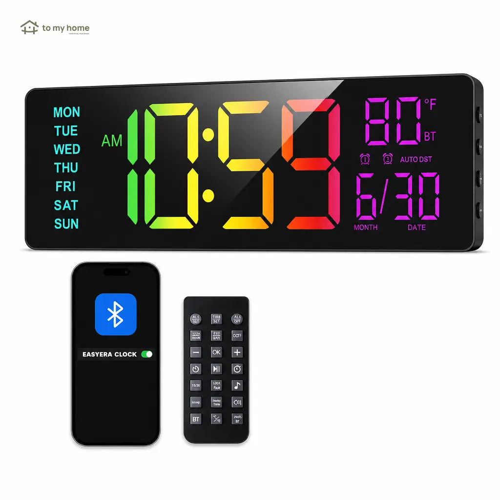 Relógio digital de parede grande com luz RGB, Bluetooth e alarmes duplos para sala, escritório, cozinha e setup gamer