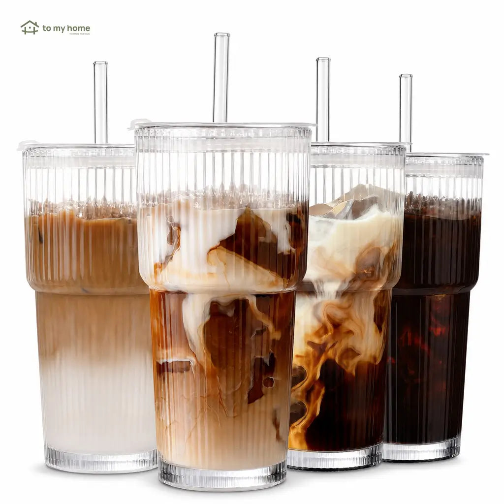 Copo tumbler de vidro canelado com tampa e canudo reutilizável, 562 ml, para café gelado, sucos e smoothies sem vazamentos