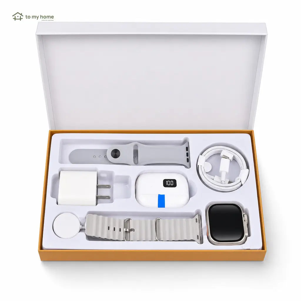 Kit smartwatch 6 em 1 com fone Bluetooth, carregador 20W e cabo Type-C para rotina conectada no trabalho, treino e viagens