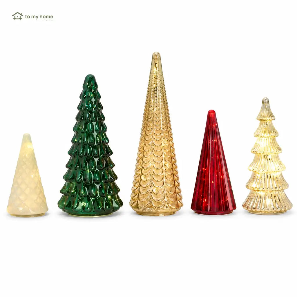 Conjunto com 5 árvores decorativas iluminadas em vidro mercurizado para mesa, aparador e decoração natalina com timer automático de seis horas