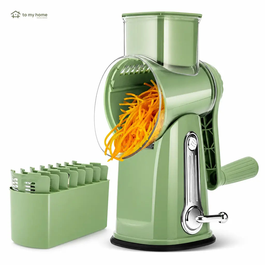 Ralador de queijo rotativo com 5 lâminas inox e base de sucção para fatiar legumes, frutas e chocolate com segurança na cozinha