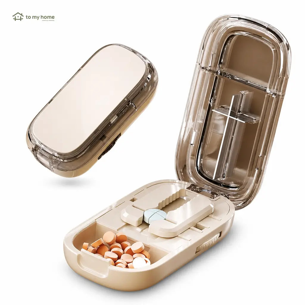 Cortador de pílulas compacto com compartimento interno e ajuste de tamanho para idosos, cuidadores e medicação de pets no uso diário prático