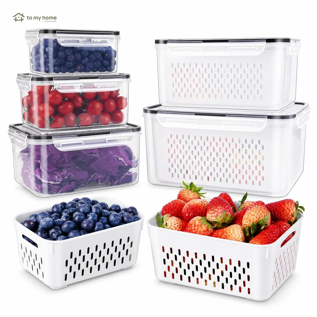 Kit com 5 potes organizadores de geladeira empilháveis, herméticos e livres de BPA, com escorredor para frutas, verduras, saladas e carnes