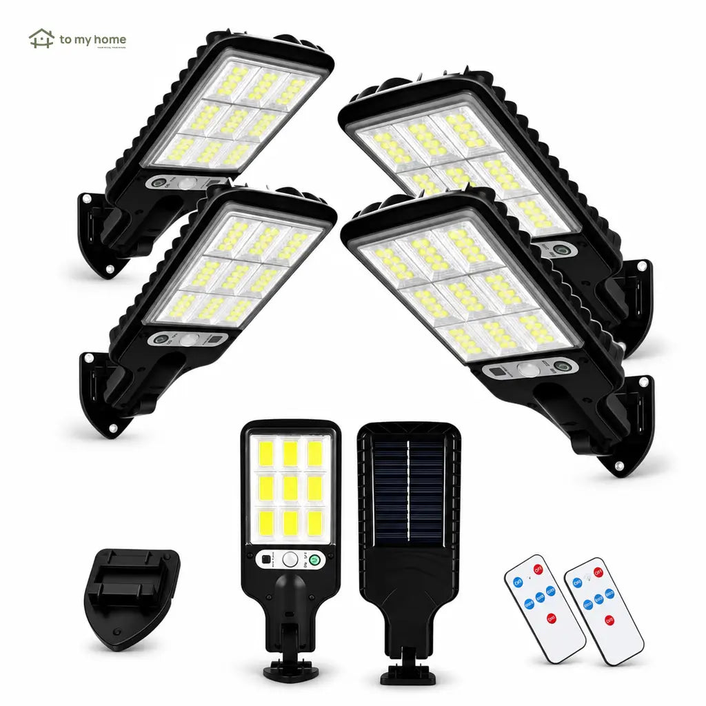 Kit 4 luminárias solares LED para área externa com sensor de presença, controle remoto e 3 modos para quintal e garagem