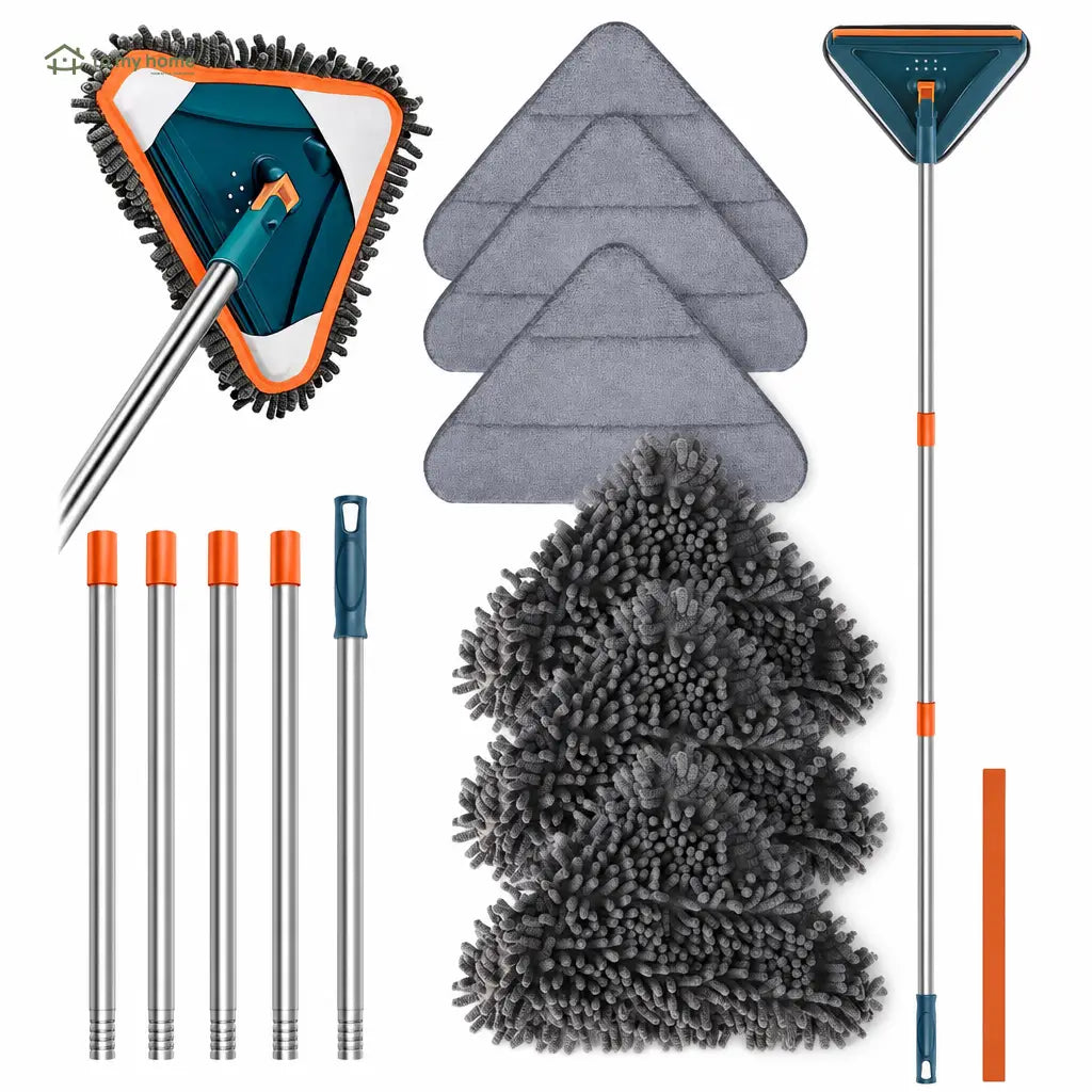 Mop triangular com cabo longo ajustável e rodízio 360° para limpar paredes, ventiladores, vidros, pisos e cantos difíceis