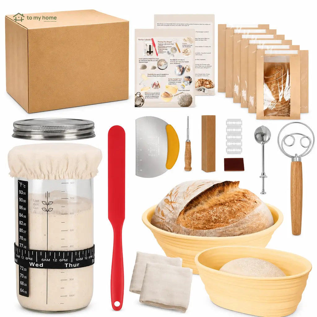 Kit completo para pão de fermentação natural com pote de vidro 1 L, cestos de silicone e acessórios para iniciantes