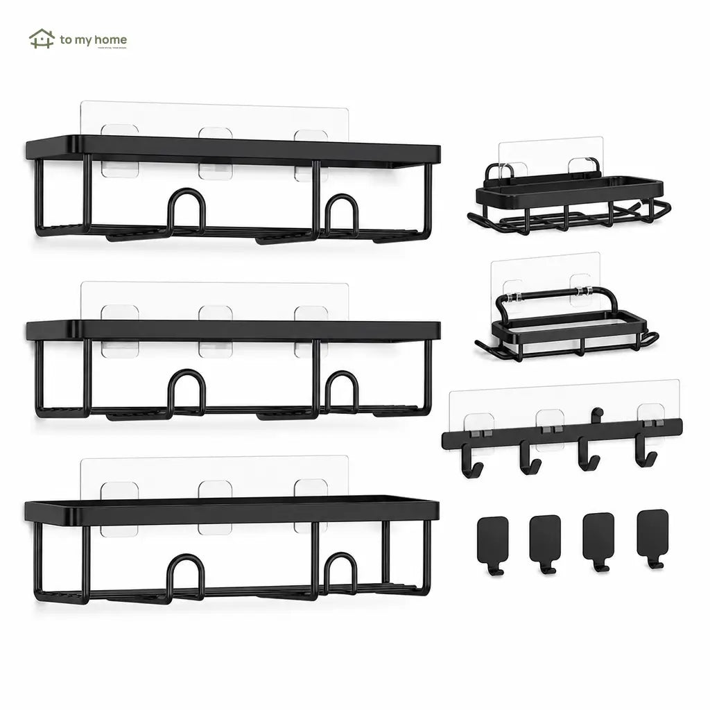 Kit organizador de box preto 5 peças sem furar, com prateleiras antiferrugem e ganchos removíveis para banheiro, cozinha e área de serviço