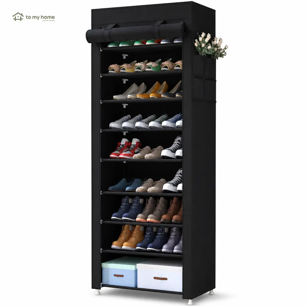 Sapateira vertical de 10 níveis com capa antipoeira e estrutura ajustável para organizar até 27 pares em espaços pequenos da casa
