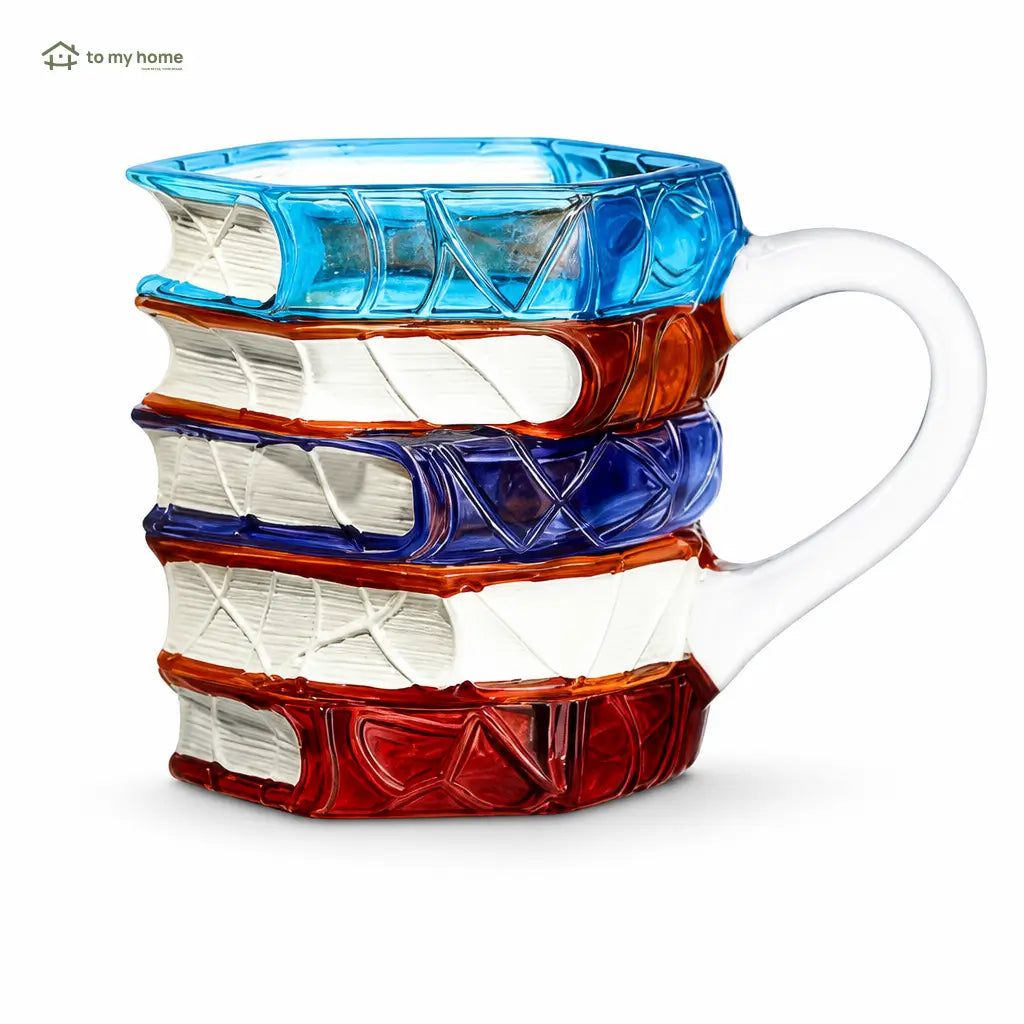 Caneca de cerâmica em formato de livros empilhados com arte 3D colorida para café, leitura e presente criativo para amantes de literatura