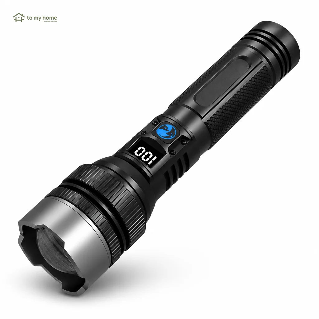 Lanterna LED recarregável 2200 lúmens com power bank, zoom ajustável, visor digital e resistência à água para camping, apagões e emergências