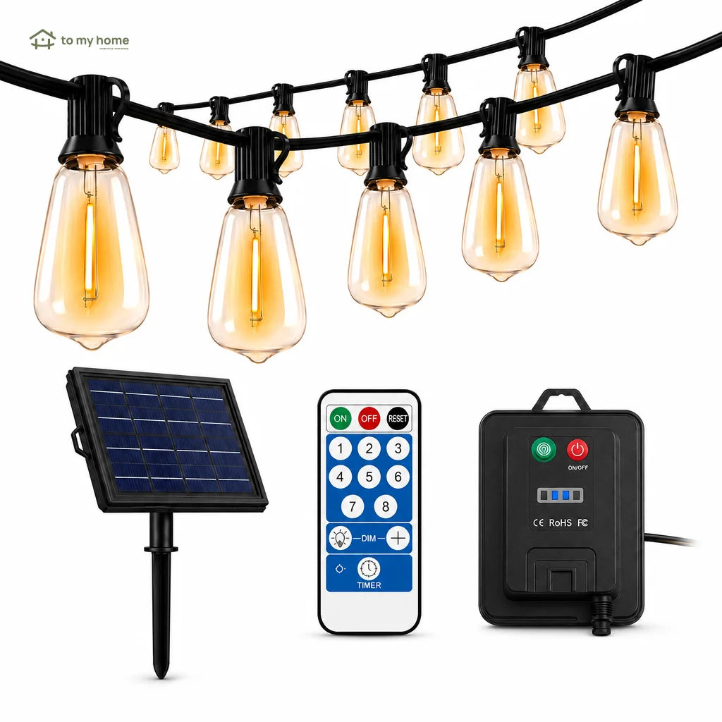 Cordão de luzes solares LED com sensor crepuscular e 8 modos para varanda, jardim e área externa