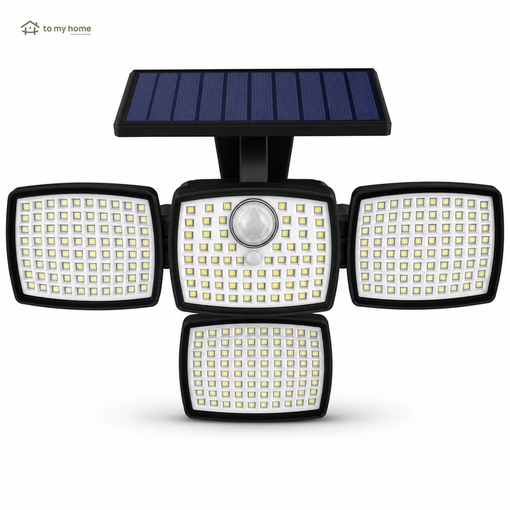 Luminária solar de parede 4500LM com sensor de movimento, controle remoto e 4 cabeças para quintal, jardim e áreas externas seguras