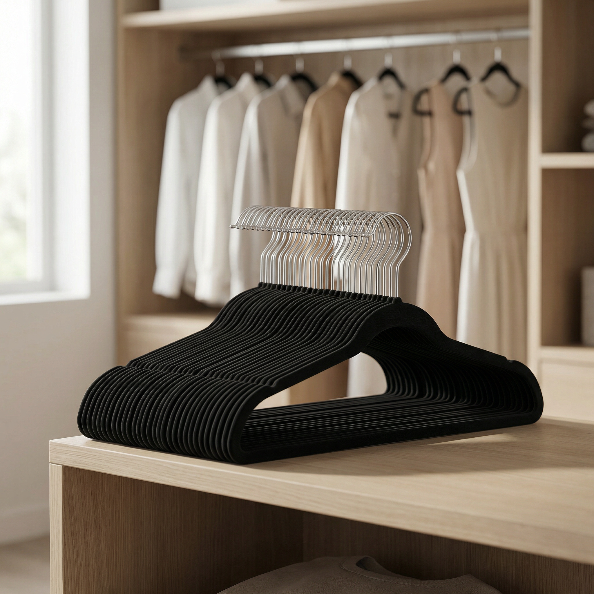 Kit 50 Cabides Slim em Veludo Antiderrapante – Mais Espaço e Organização no Seu Guarda-Roupa