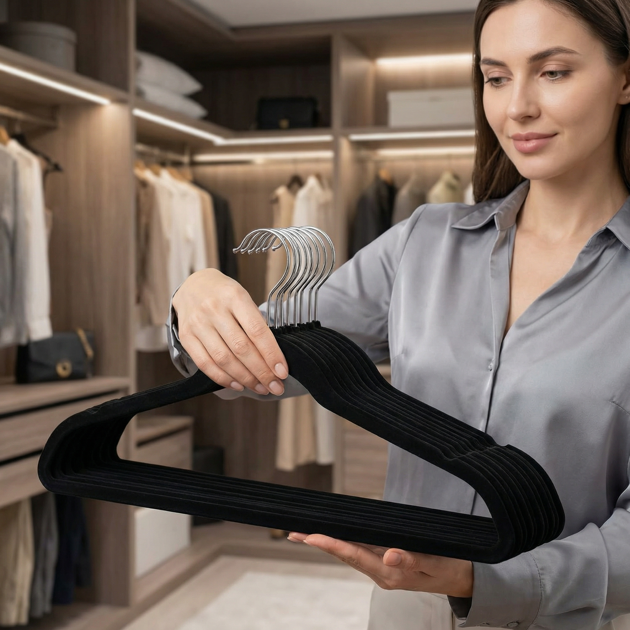 Kit 50 Cabides Slim em Veludo Antiderrapante – Mais Espaço e Organização no Seu Guarda-Roupa