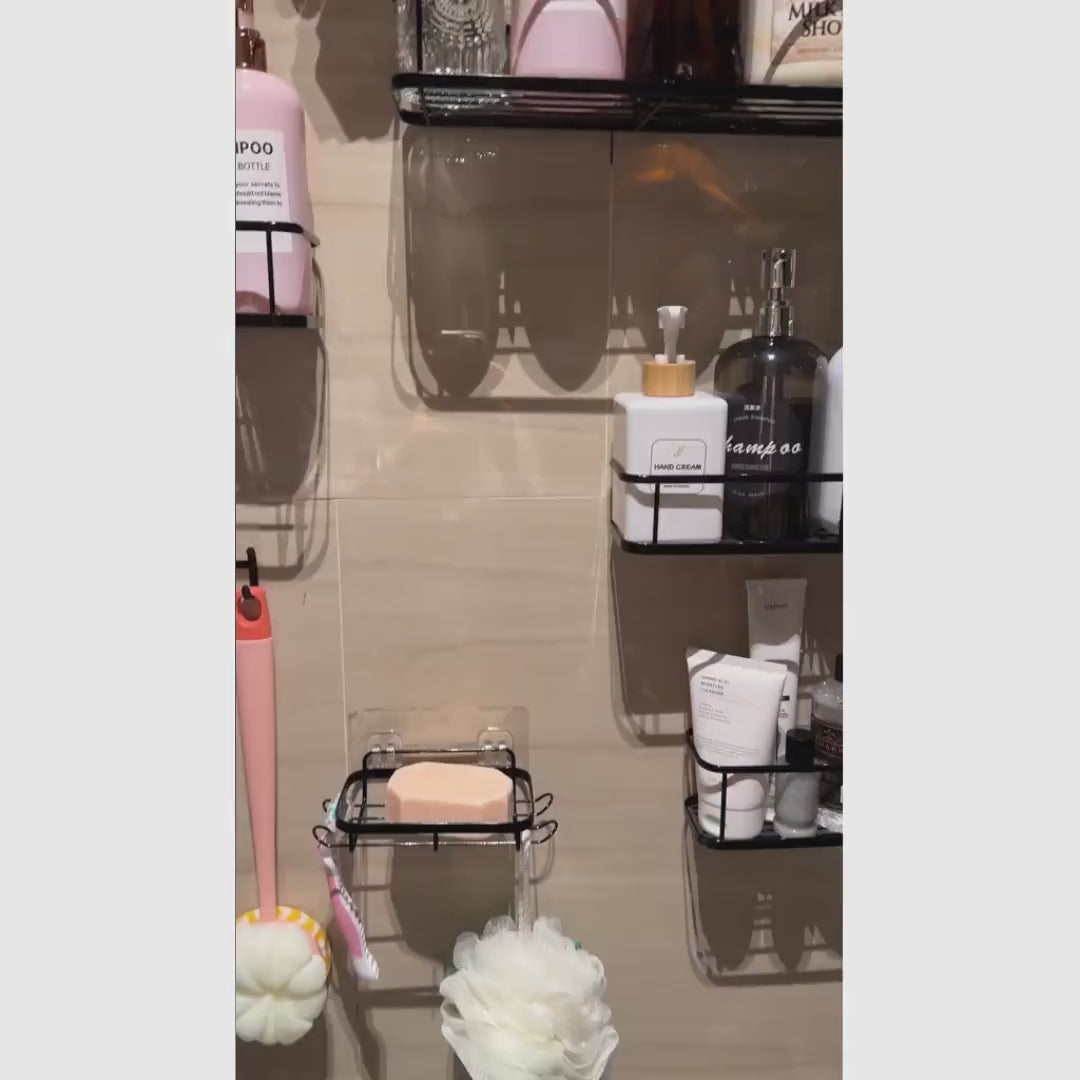 Kit organizador de box preto 5 peças sem furar, com prateleiras antiferrugem e ganchos removíveis para banheiro, cozinha e área de serviço