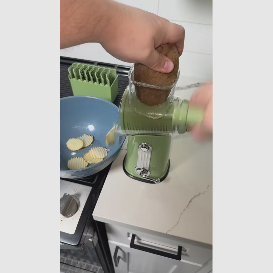 Ralador de Queijo Rotativo com 5 Lâminas Diversas, Base com Forte Sucção e Alça para Fatiar Legumes, versatilidade total e facilidade