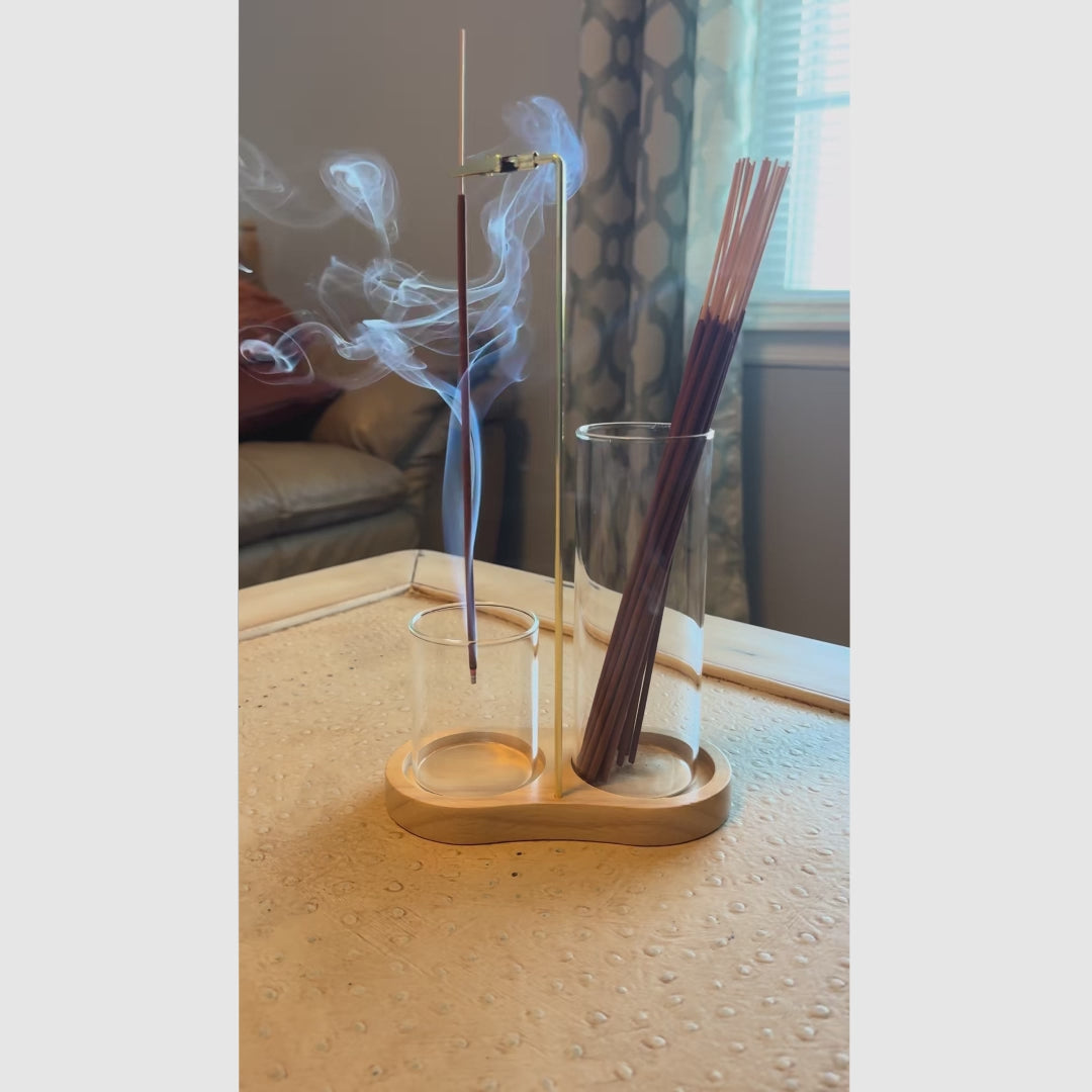 Porta incenso e vela 2 em 1 com base madeira, coletor cinzas vidro, difusor aromático decorativo elegante funcional para casa moderna aconchegante