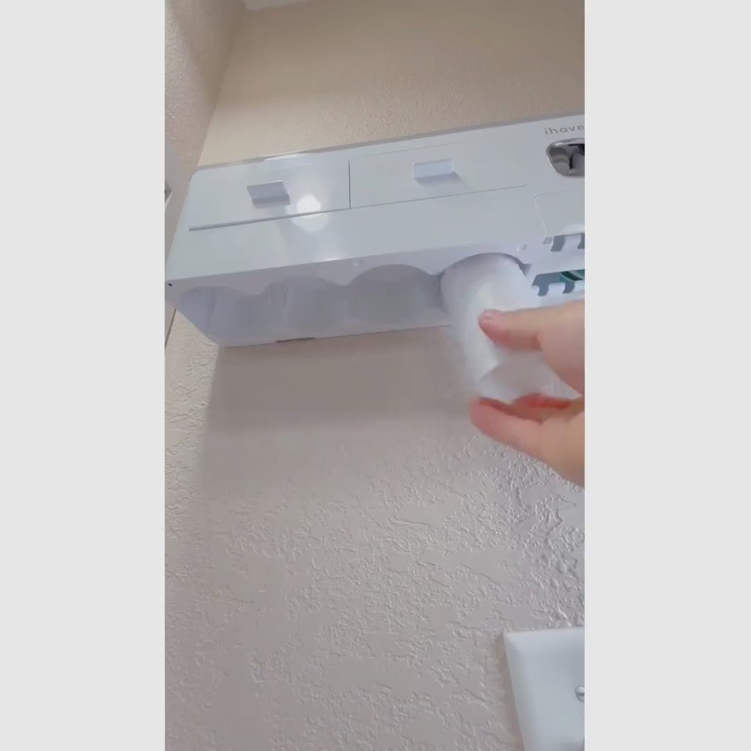 Organizador de escovas de parede com dispenser duplo de pasta, copos magnéticos e bandeja multiuso para banheiro familiar mais organizado prático
