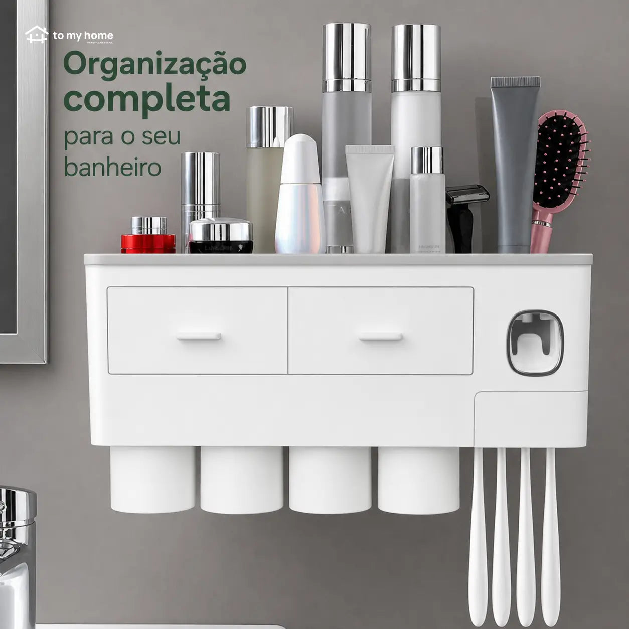 Organizador de escovas de parede com dispenser duplo de pasta, copos magnéticos e bandeja multiuso para banheiro familiar mais organizado prático