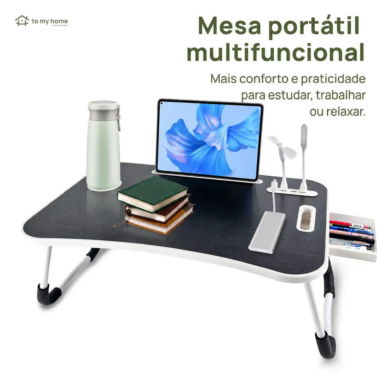 Mesa dobrável para notebook com 4 portas USB, porta-copos e gaveta para trabalhar ou estudar na cama com conforto