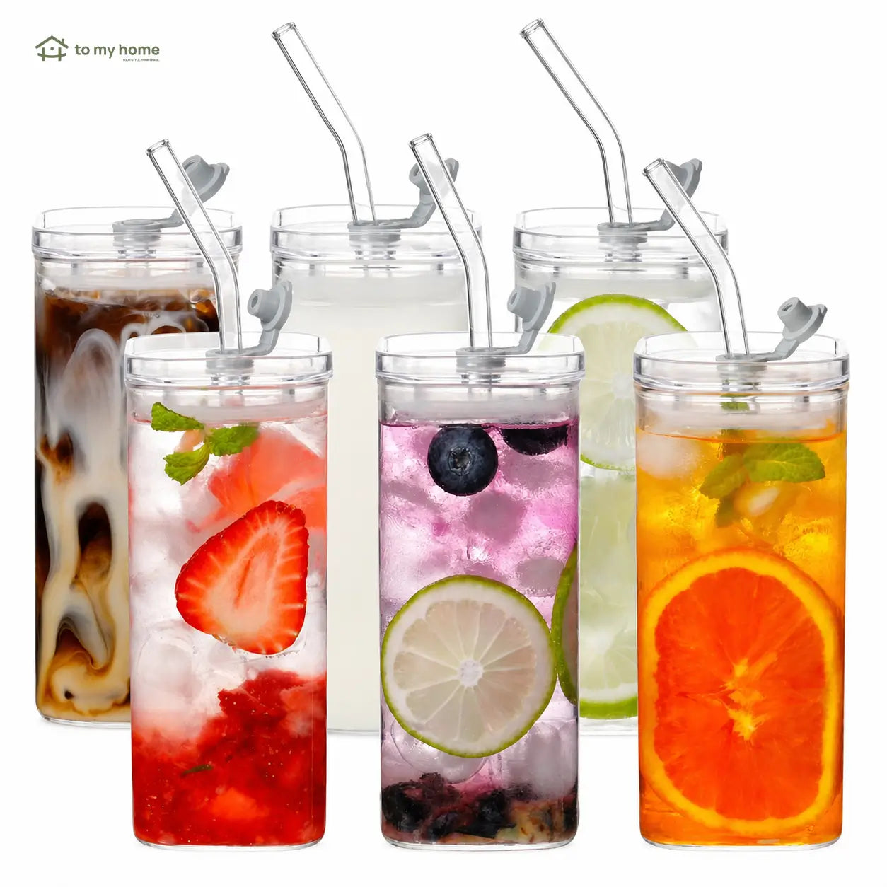 Conjunto com 4 copos de vidro 380 ml com tampa e canudo, design quadrado para café, sucos e drinks em casa ou no escritório