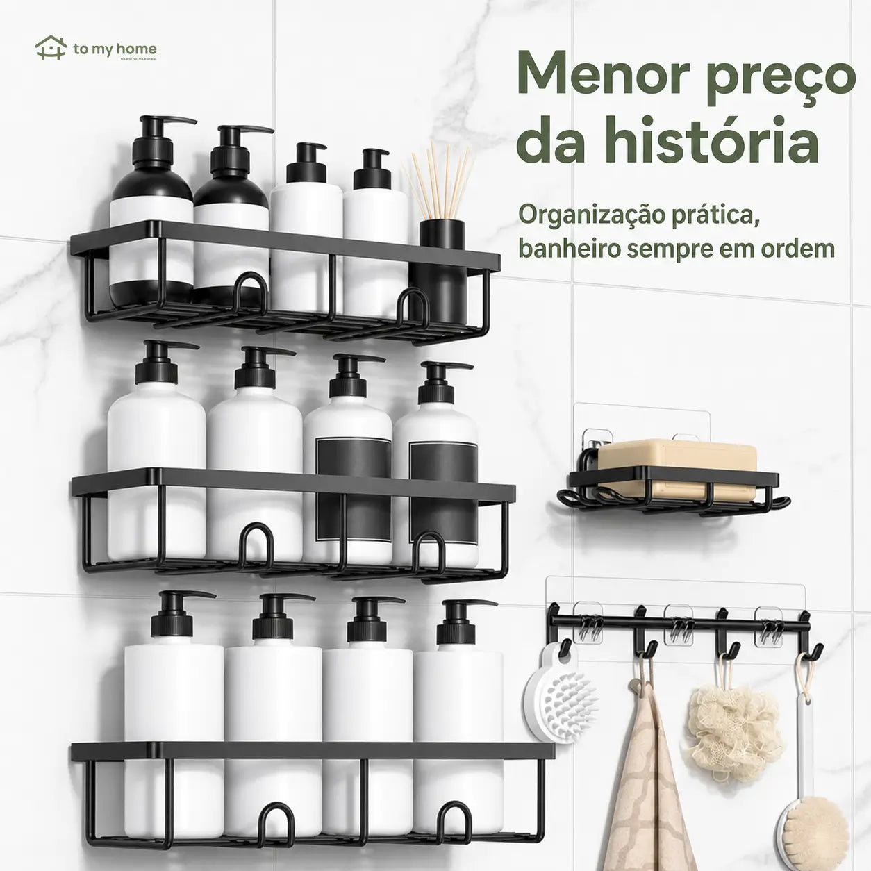 Kit organizador de box preto 5 peças sem furar, com prateleiras antiferrugem e ganchos removíveis para banheiro, cozinha e área de serviço