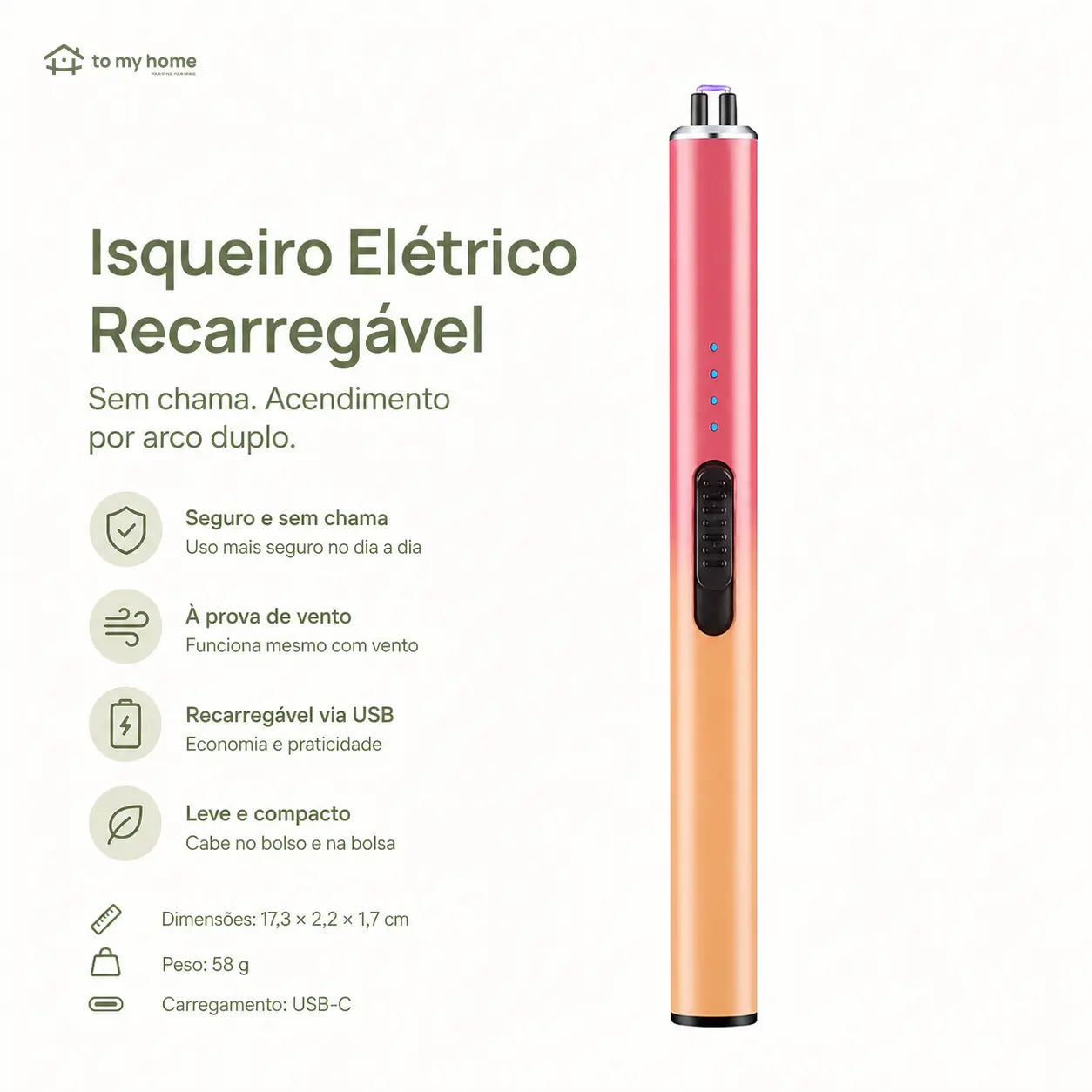 Acendedor elétrico de velas estilo caneta com indicadores LED, compacto e seguro para casa, presentes e momentos especiais do dia a dia