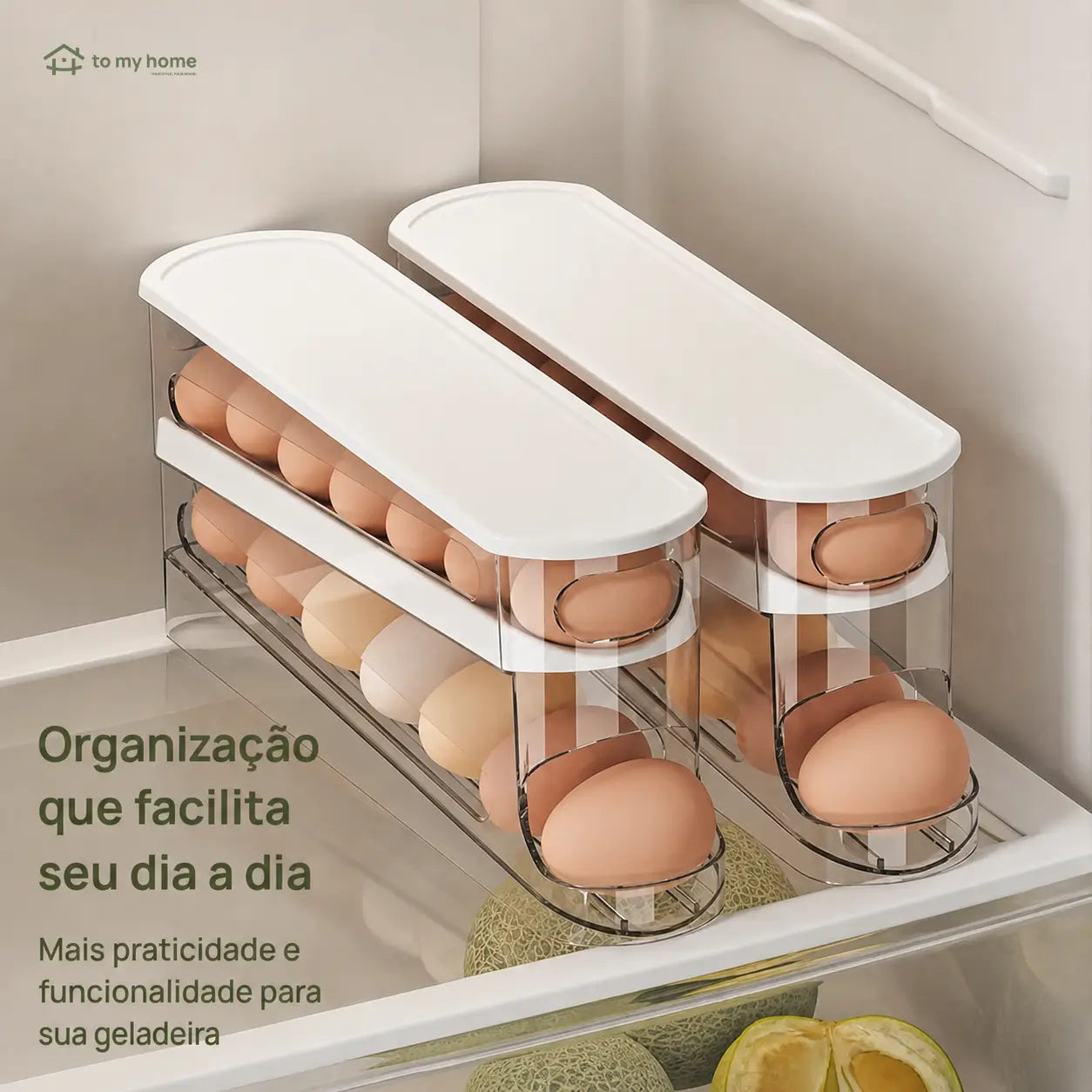 Organizador de ovos transparente em plástico resistente, empilhável e compacto para geladeira, cozinha e armazenamento diário com design de rolagem prática