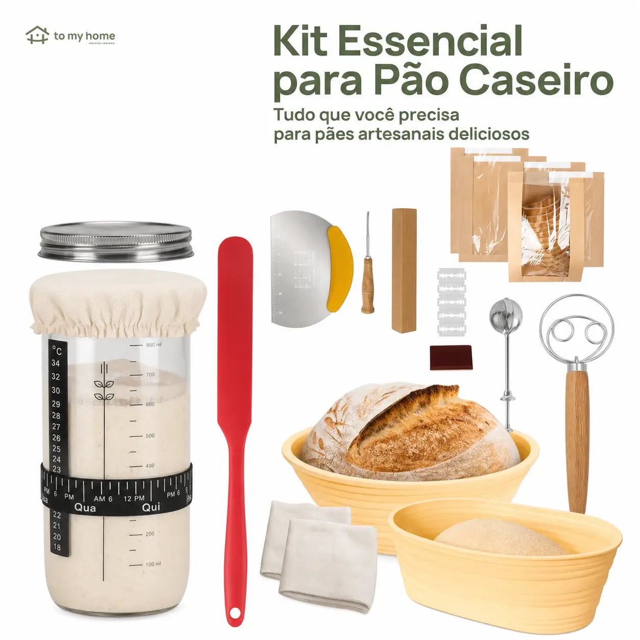 Kit completo para pão de fermentação natural com pote de vidro 1 L, cestos de silicone e acessórios para iniciantes
