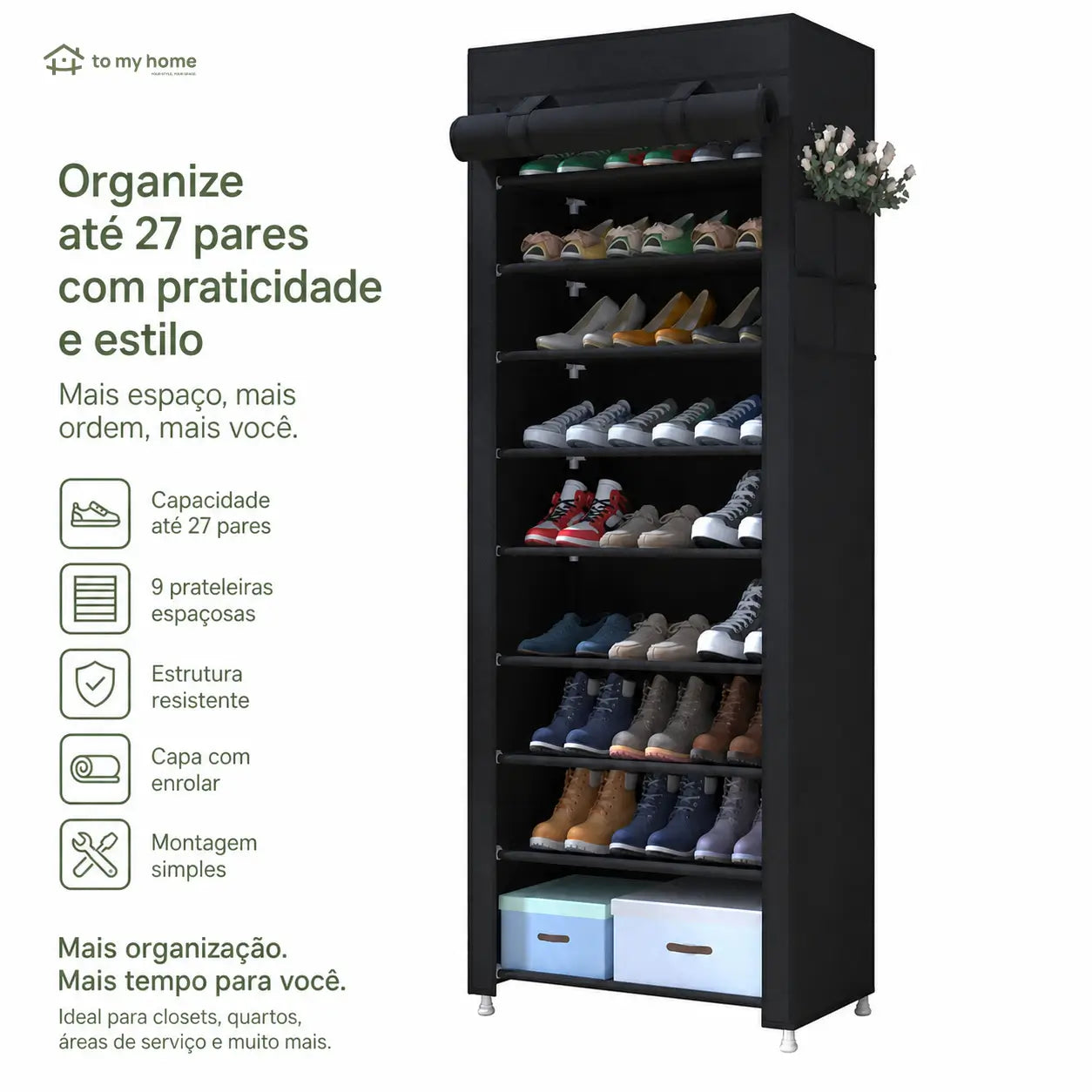 Sapateira vertical de 10 níveis com capa antipoeira e estrutura ajustável para organizar até 27 pares em espaços pequenos da casa