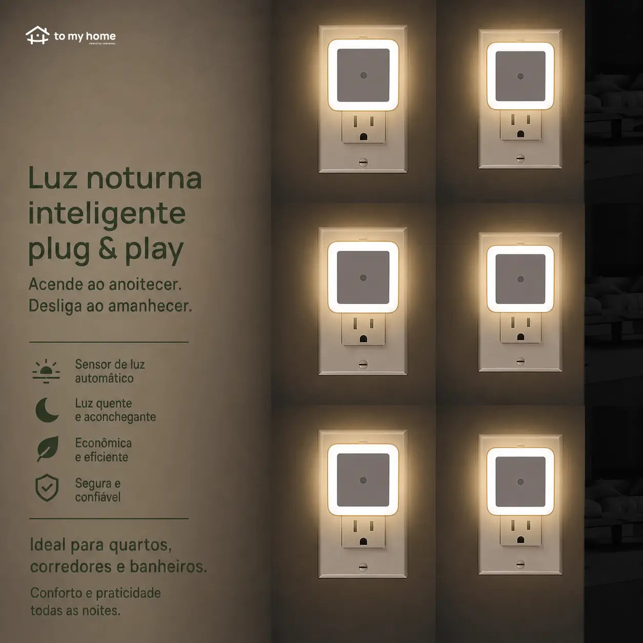 Luz noturna LED de tomada com sensor crepuscular, kit com 6 unidades para quarto, banheiro, corredor e cozinha, branco quente