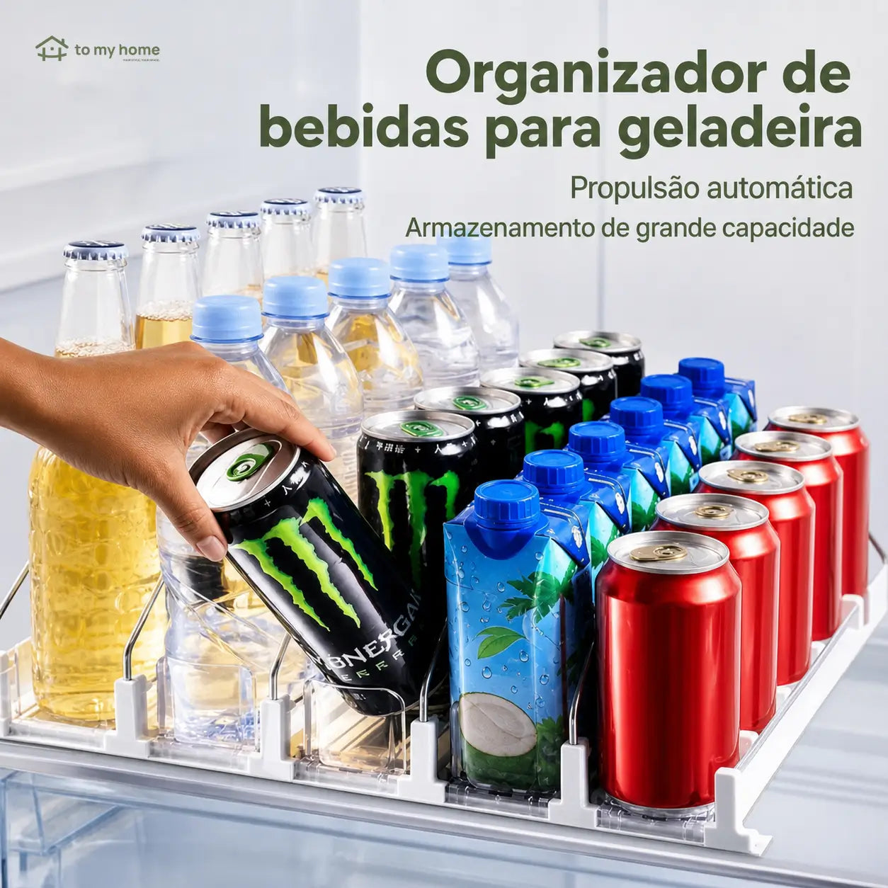 Dispenser de latas para geladeira em plástico reciclado com propulsão automática, organiza refrigerantes e libera espaço nas prateleiras da cozinha diariamente
