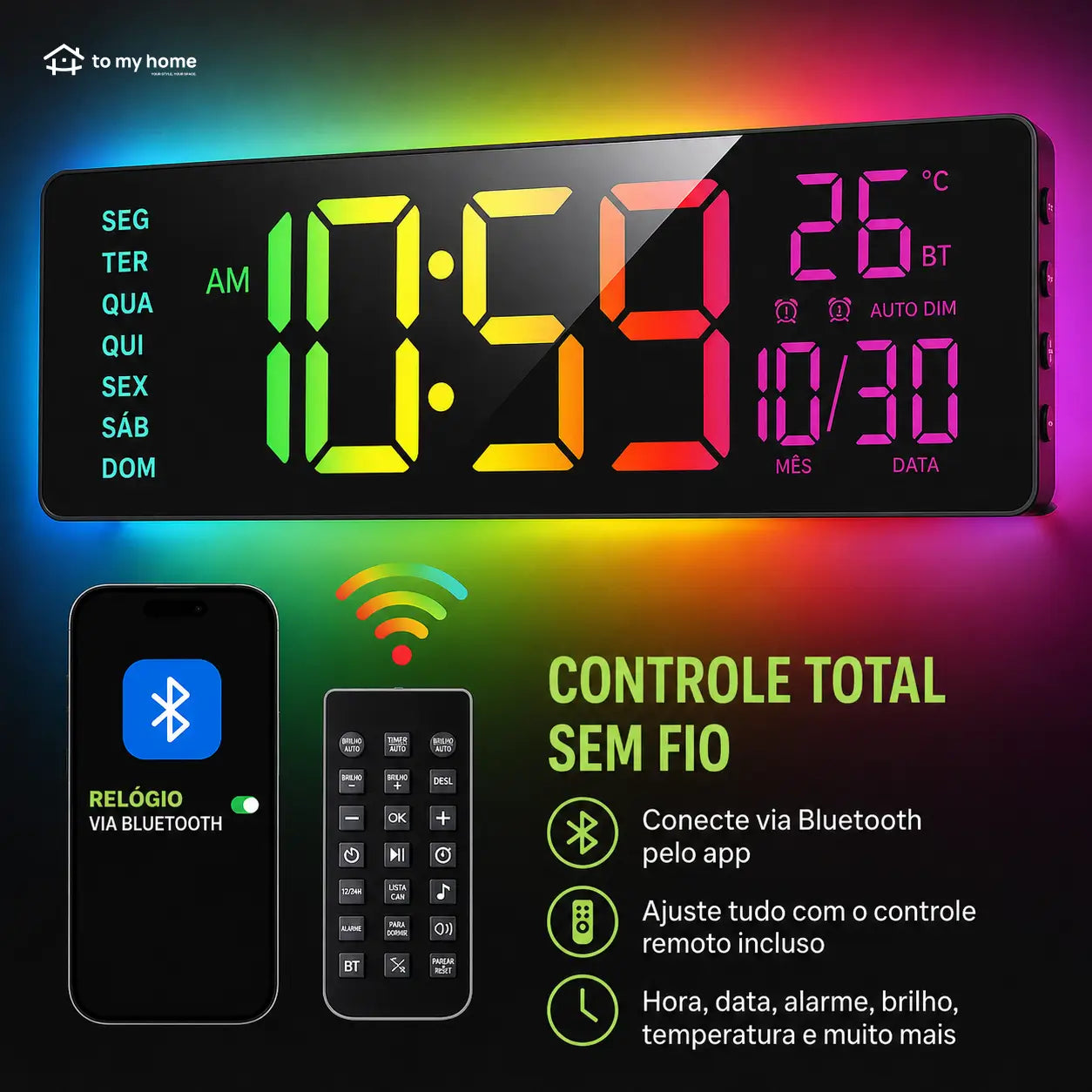 Relógio digital de parede grande com luz RGB, Bluetooth e alarmes duplos para sala, escritório, cozinha e setup gamer