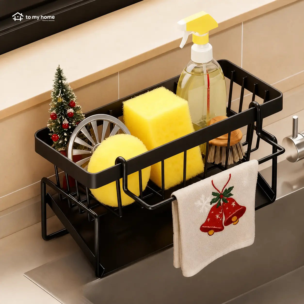 Caddy organizador de pia com porta-esponja, divisória e suporte alto para escova, ideal para cozinha compacta, bancada limpa e utensílios à mão