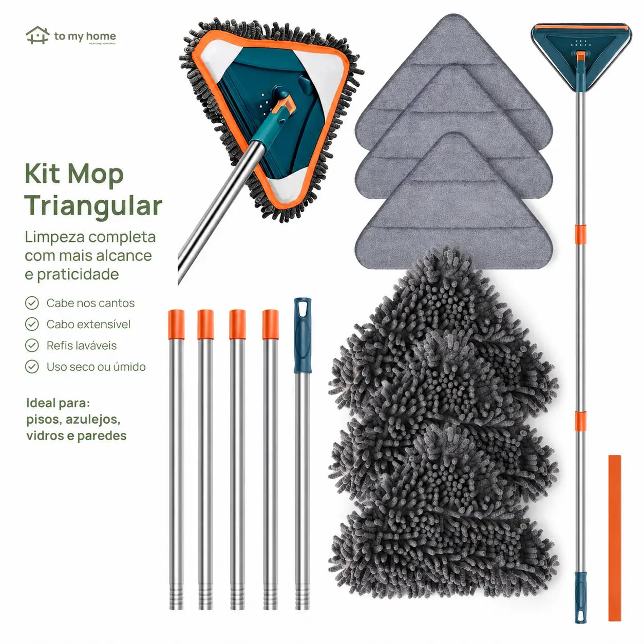 Mop triangular com cabo longo ajustável e rodízio 360° para limpar paredes, ventiladores, vidros, pisos e cantos difíceis