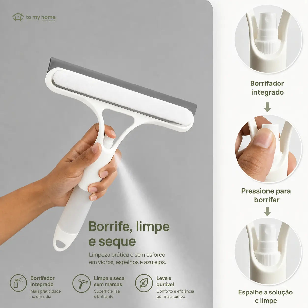 Rodo limpador de vidros 3 em 1 com spray, raspador e microfibra para janelas, para-brisa e bancadas na limpeza diária