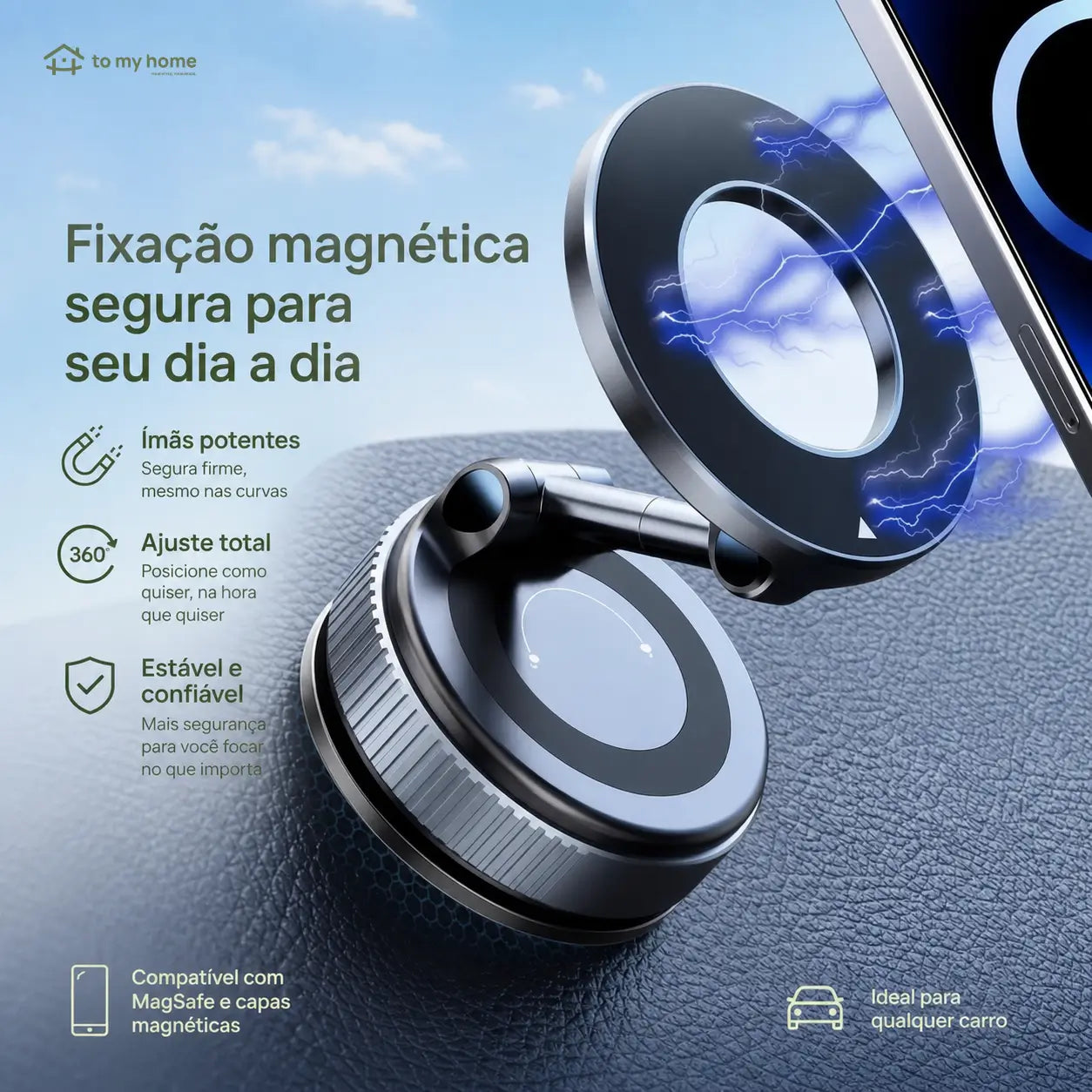Suporte magnético para celular com ventosa a vácuo, rotação 360° e uso dobrável no carro, espelho ou academia