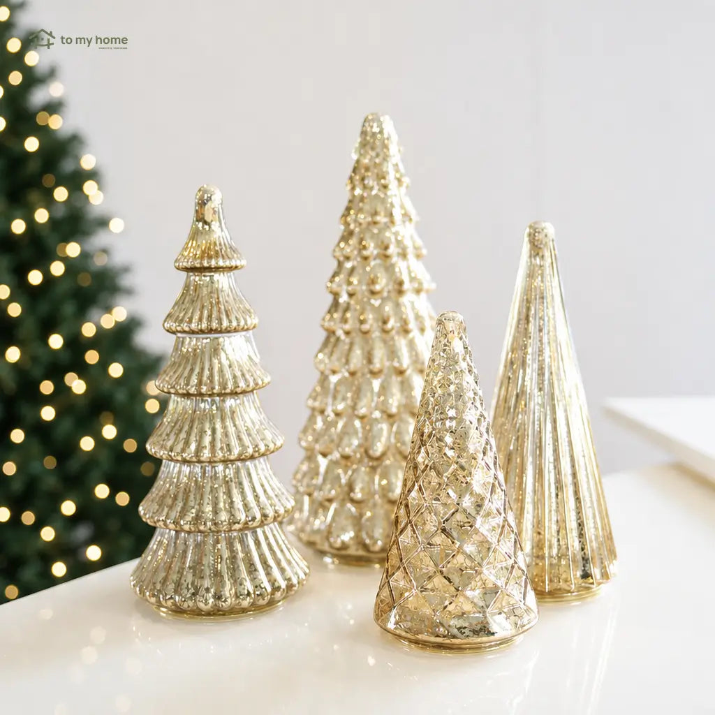 Conjunto com 5 árvores decorativas iluminadas em vidro mercurizado para mesa, aparador e decoração natalina com timer automático de seis horas