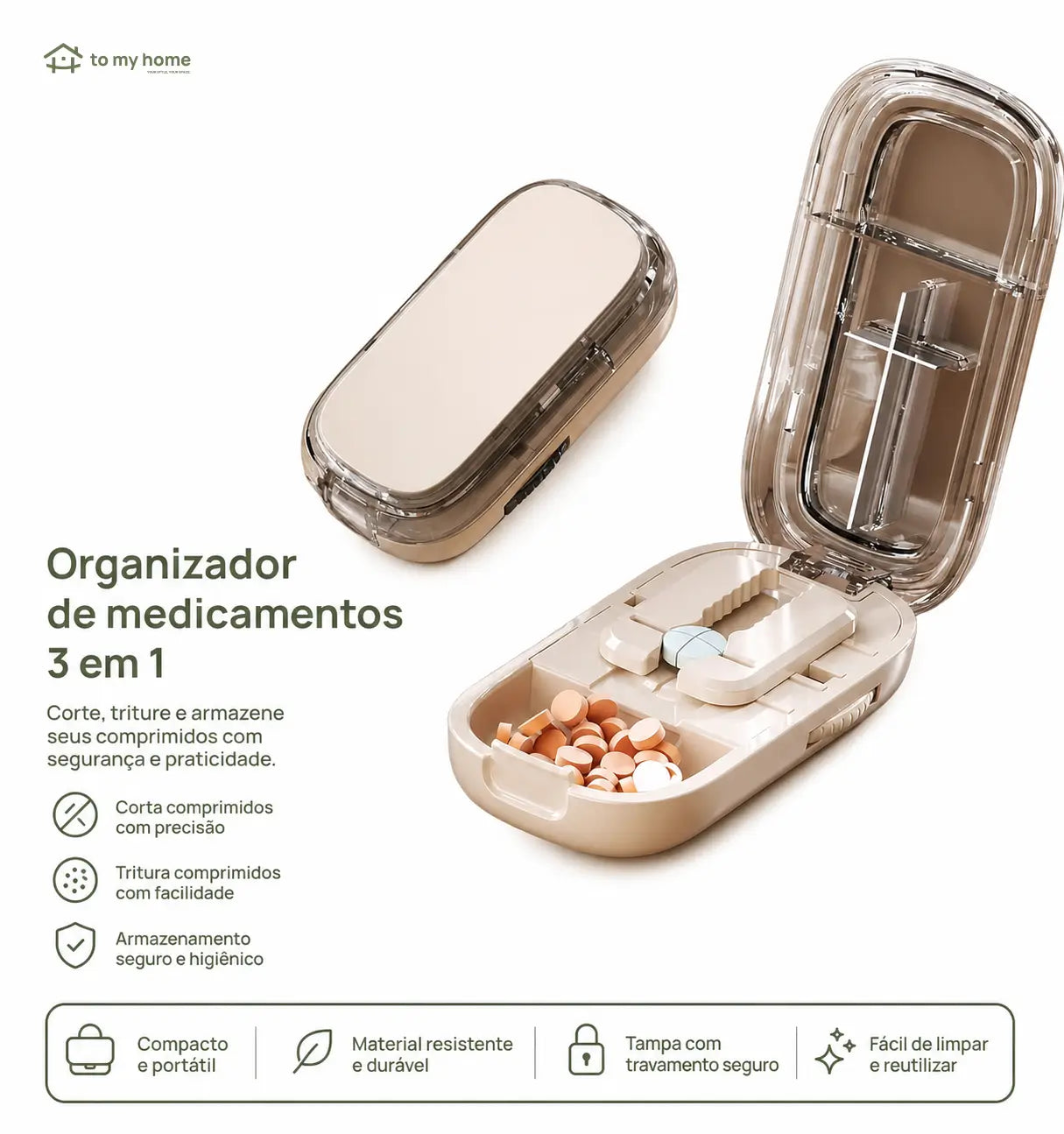 Cortador de pílulas compacto com compartimento interno e ajuste de tamanho para idosos, cuidadores e medicação de pets no uso diário prático