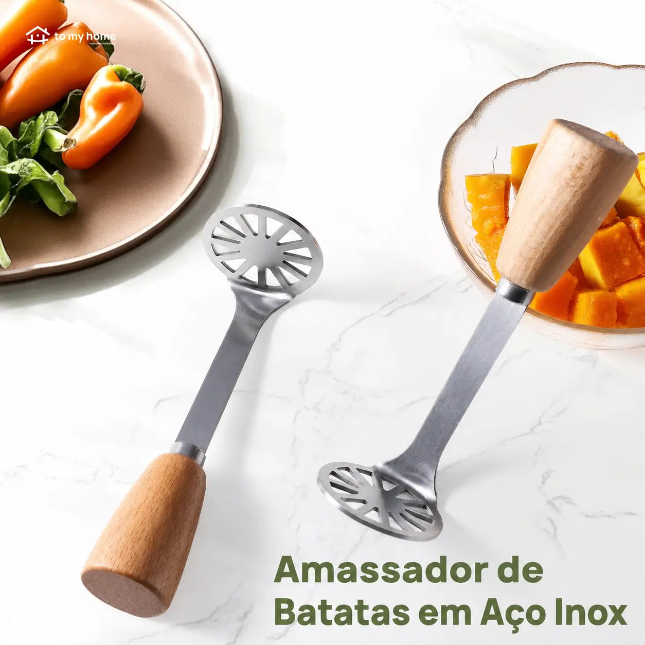 Kit com 2 amassadores mini de inox 430 com cabo de madeira para batata, abacate, feijão e purês caseiros na cozinha diária prática