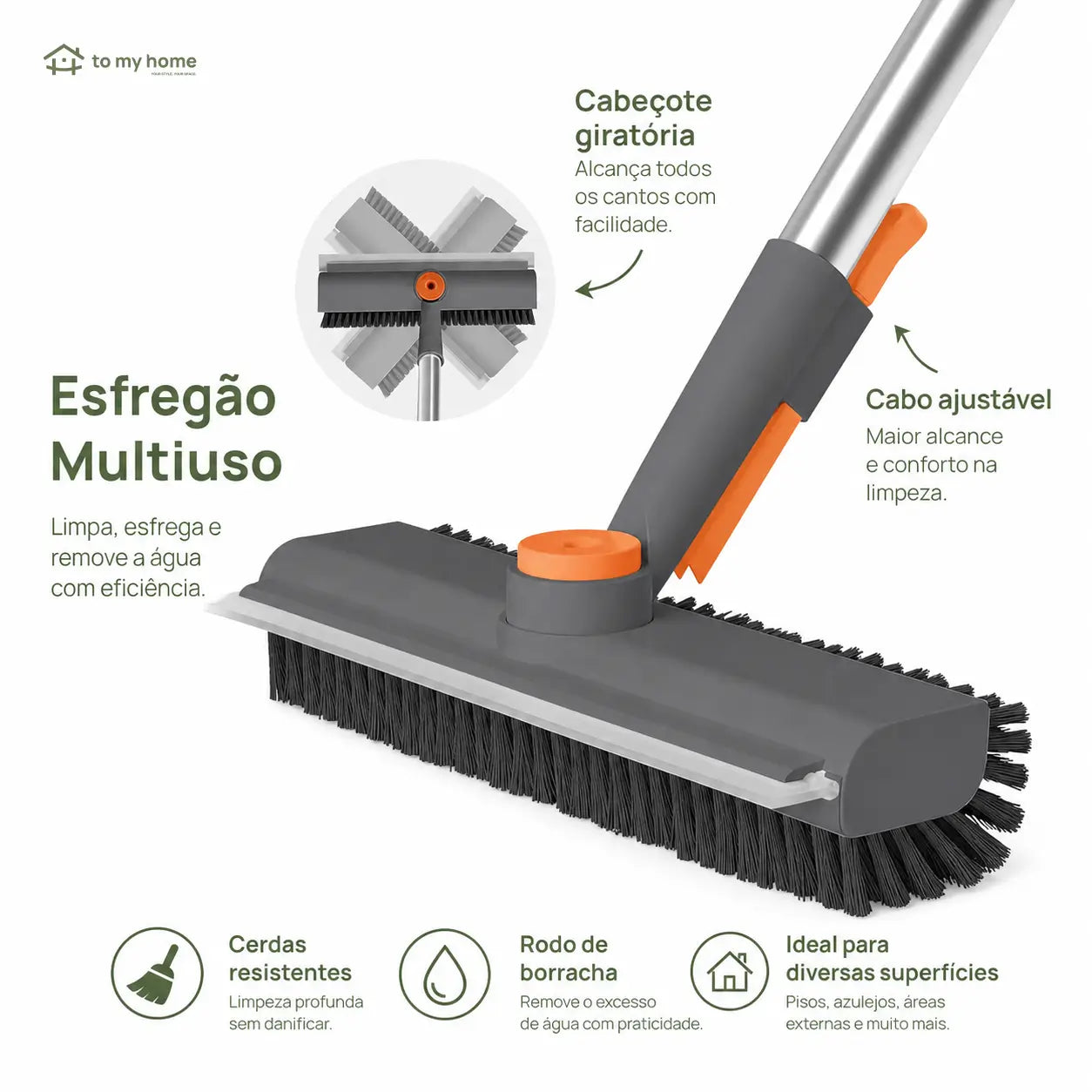Escova esfregão 3 em 1 com cabo ajustável, rotação 360° e rodo para limpeza pesada de pisos, azulejos e banheiro