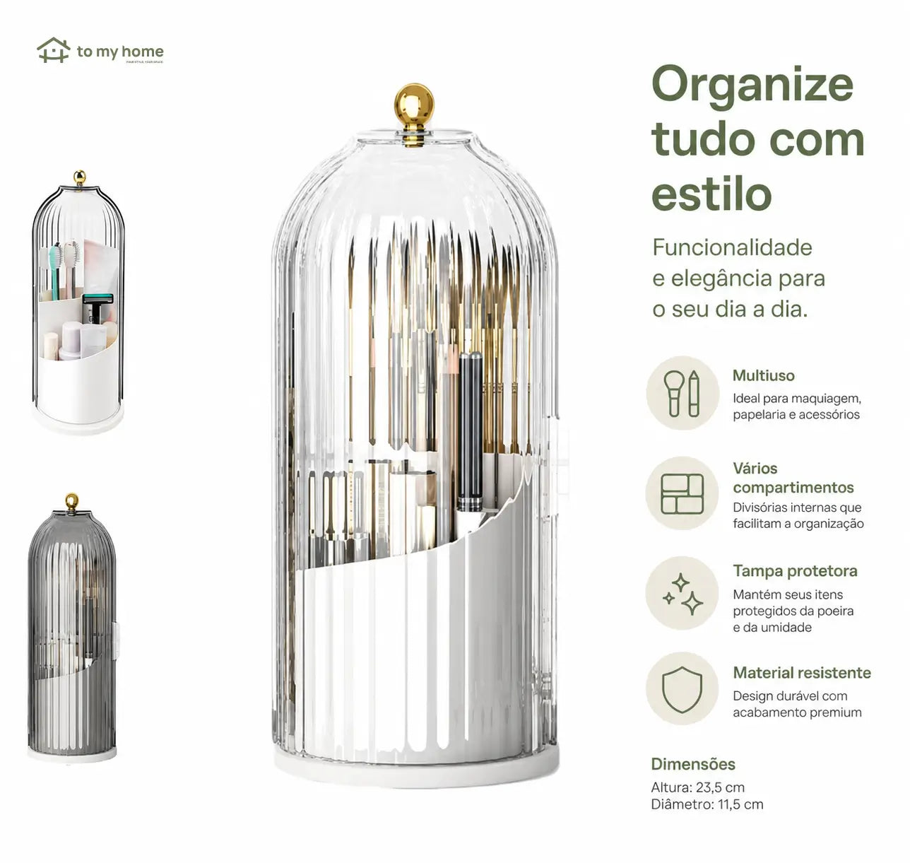 Organizador porta-escovas transparente com tampa antipoeira, base giratória 360° e 3 divisórias para banheiro, penteadeira e acessórios do dia a dia