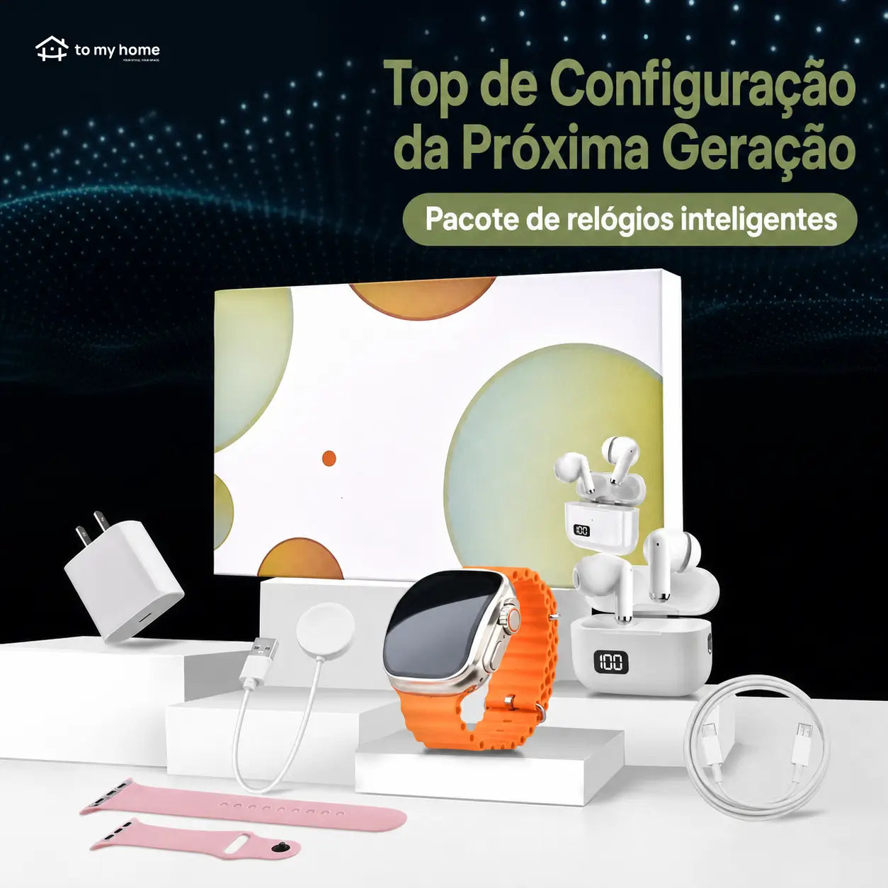 Kit smartwatch 6 em 1 com fone Bluetooth, carregador 20W e cabo Type-C para rotina conectada no trabalho, treino e viagens
