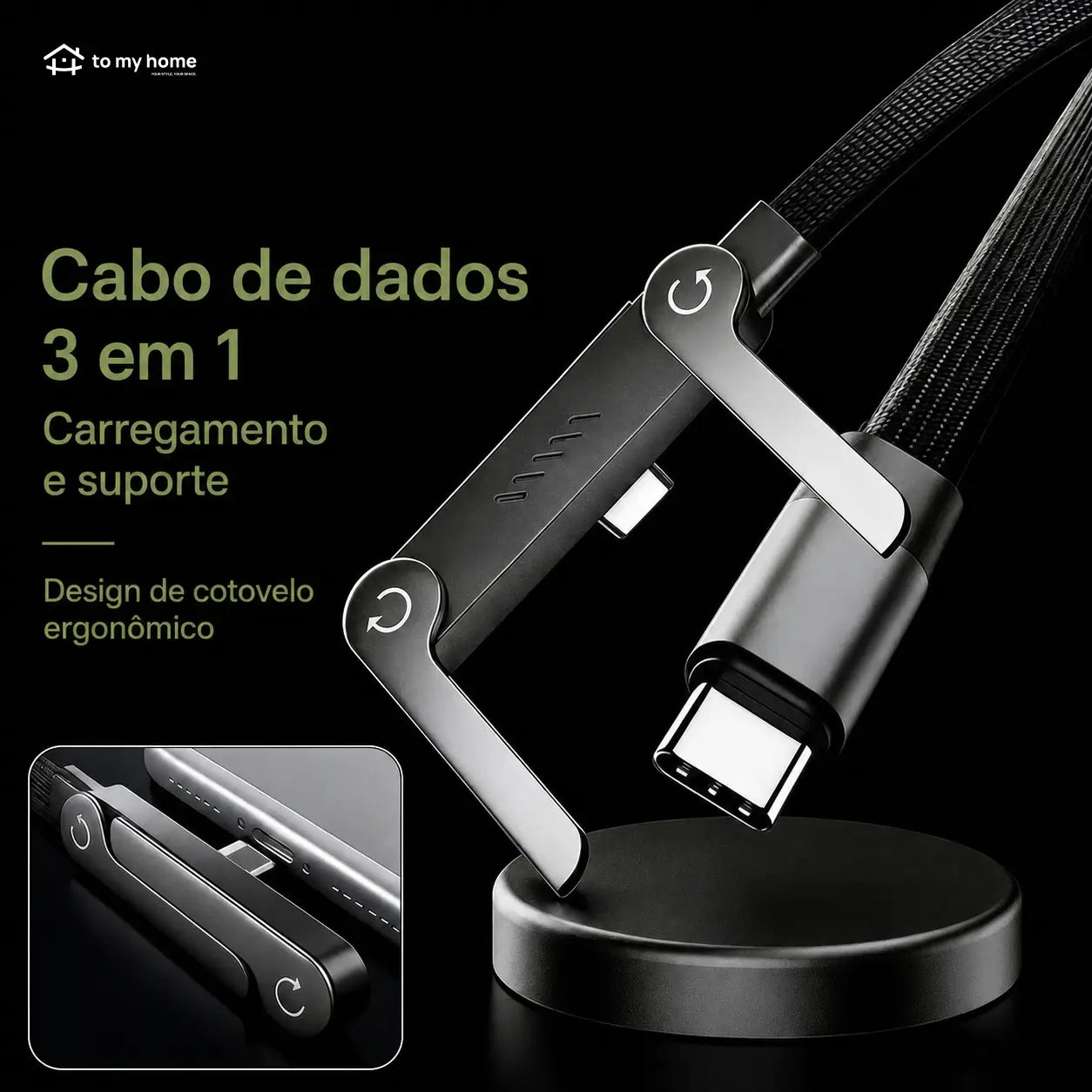 Cabo USB-C 240W com suporte invisível para celular e notebook, carga rápida 2 em 1 para jogos, escritório, viagens e carro