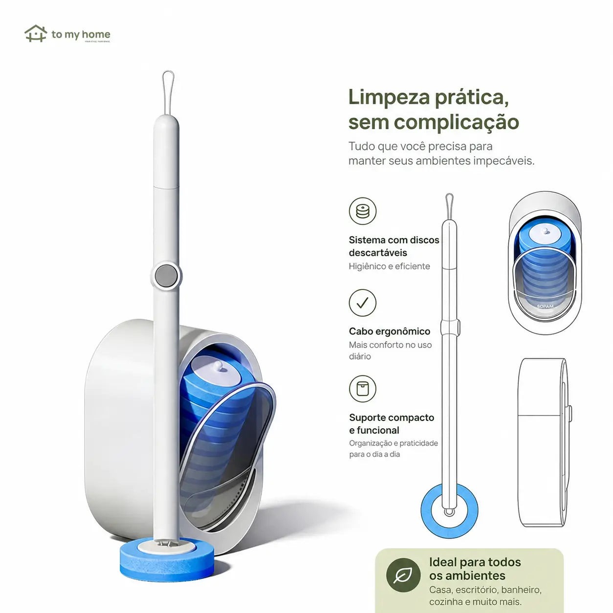 Escova sanitária com refis descartáveis autolimpantes e solução de limpeza para banheiro sem sujeira e sem pré-enxágue no dia a dia prático