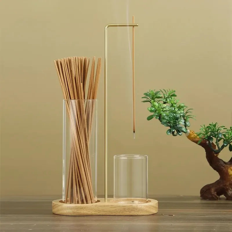 Porta incenso e vela 2 em 1 com base madeira, coletor cinzas vidro, difusor aromático decorativo elegante funcional para casa moderna aconchegante