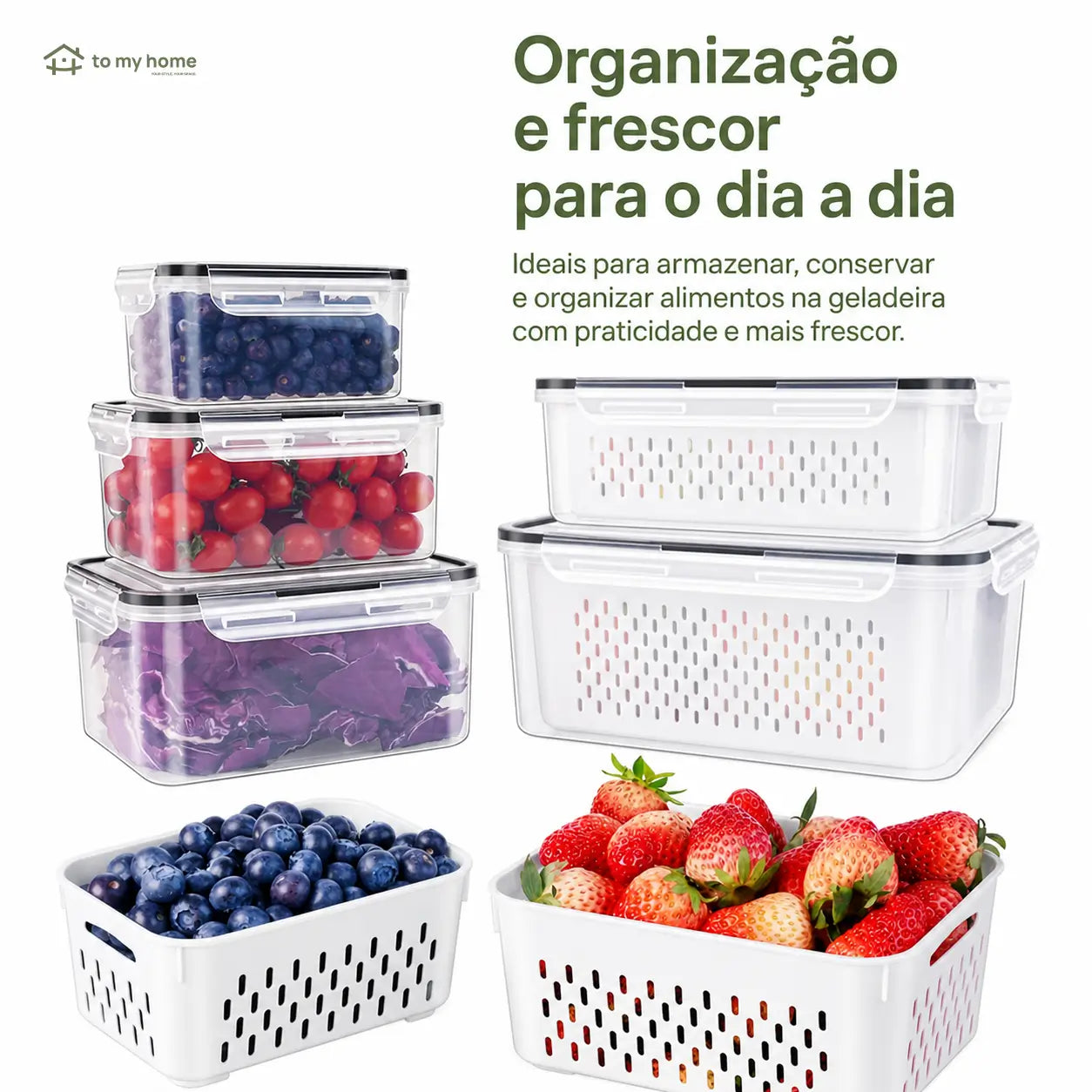 Kit com 5 potes organizadores de geladeira empilháveis, herméticos e livres de BPA, com escorredor para frutas, verduras, saladas e carnes